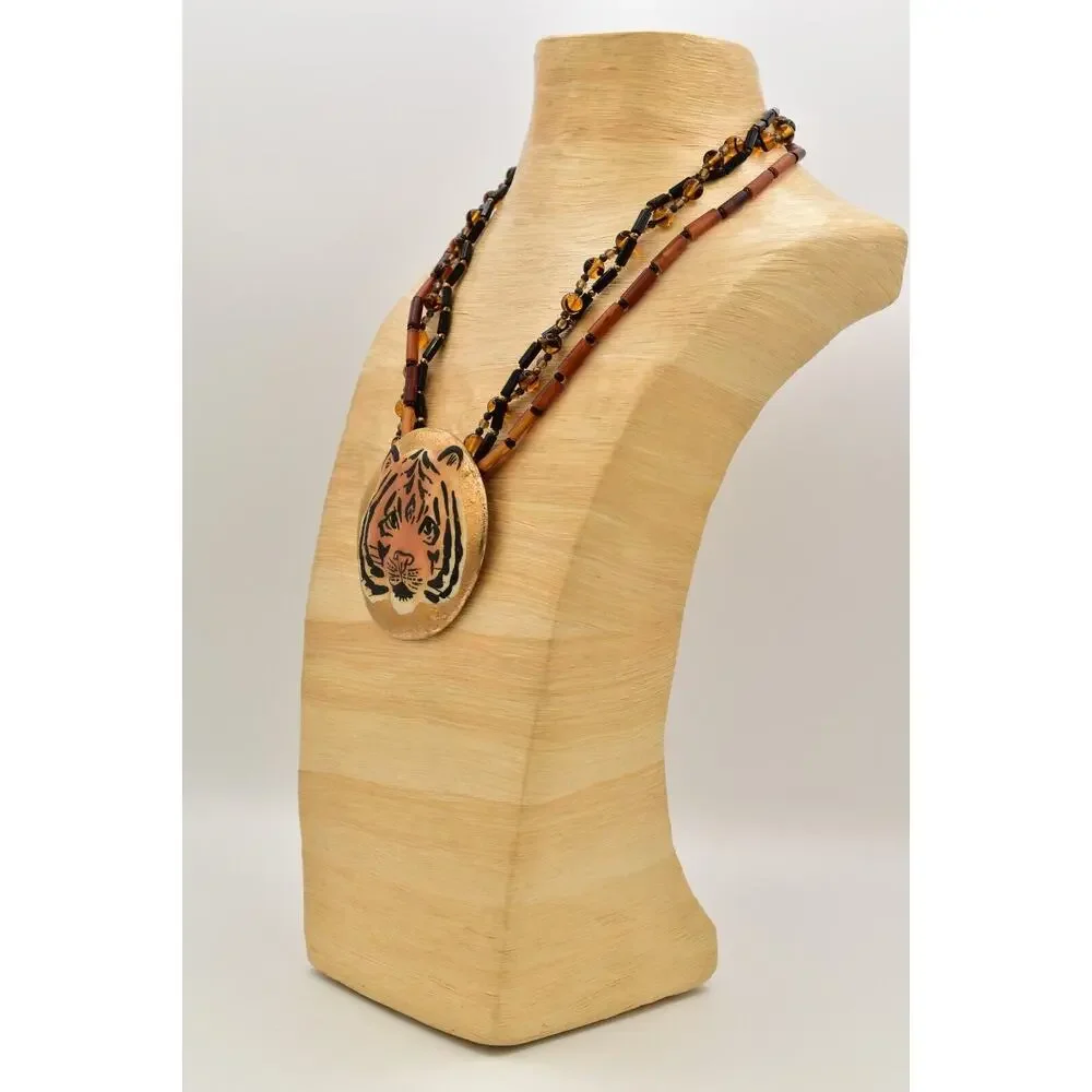 Carol Halmy Vintage Ceramic Beaded Necklace Hand Made Tiger Golden Signed Bin4A